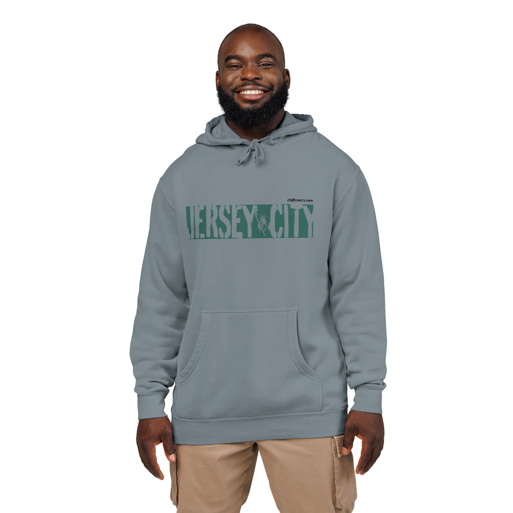 Jersey City Vintage Pigment-Dyed Hoodie — Distressed Green Logo Sweatshirt