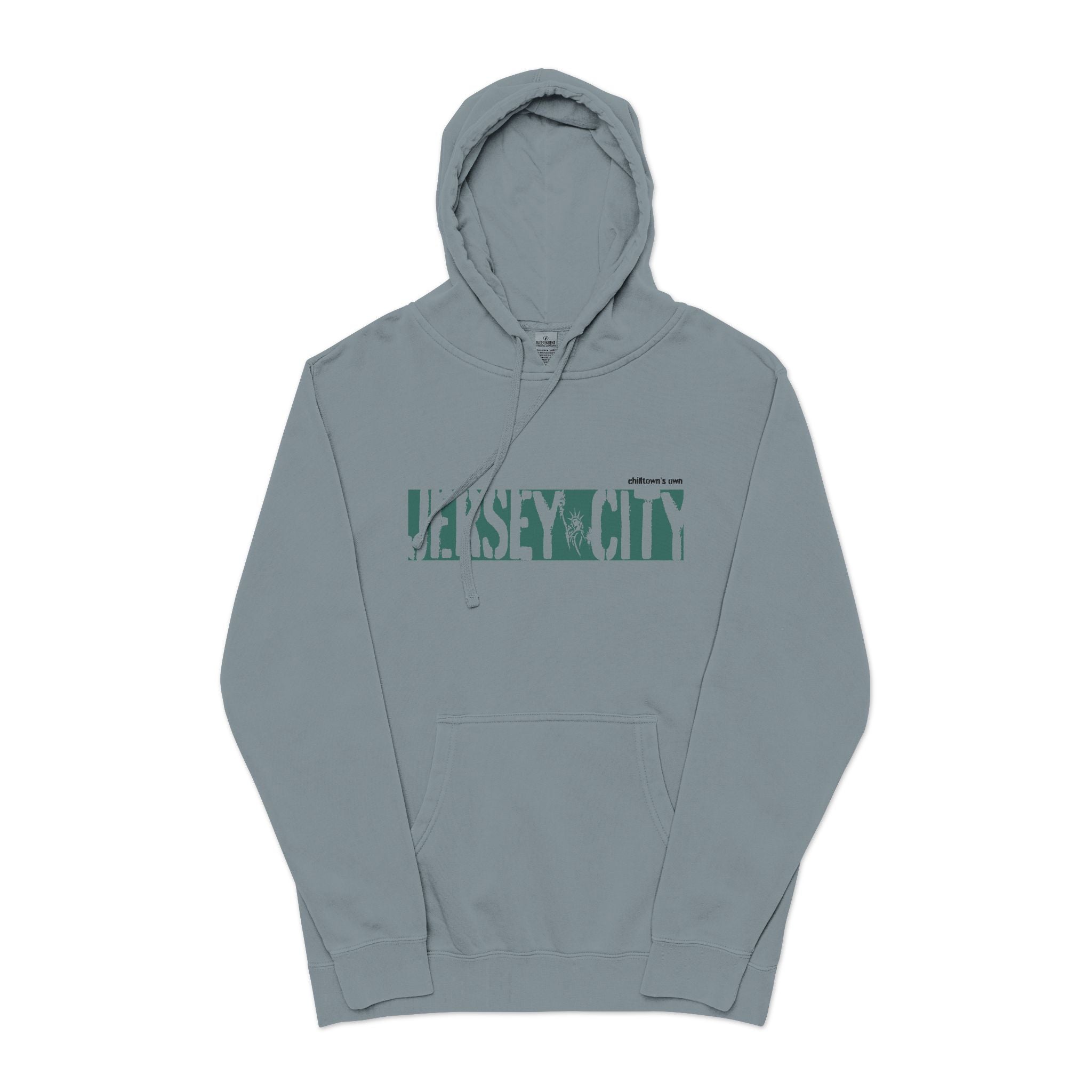 Jersey City Vintage Pigment-Dyed Hoodie — Distressed Green Logo Sweatshirt