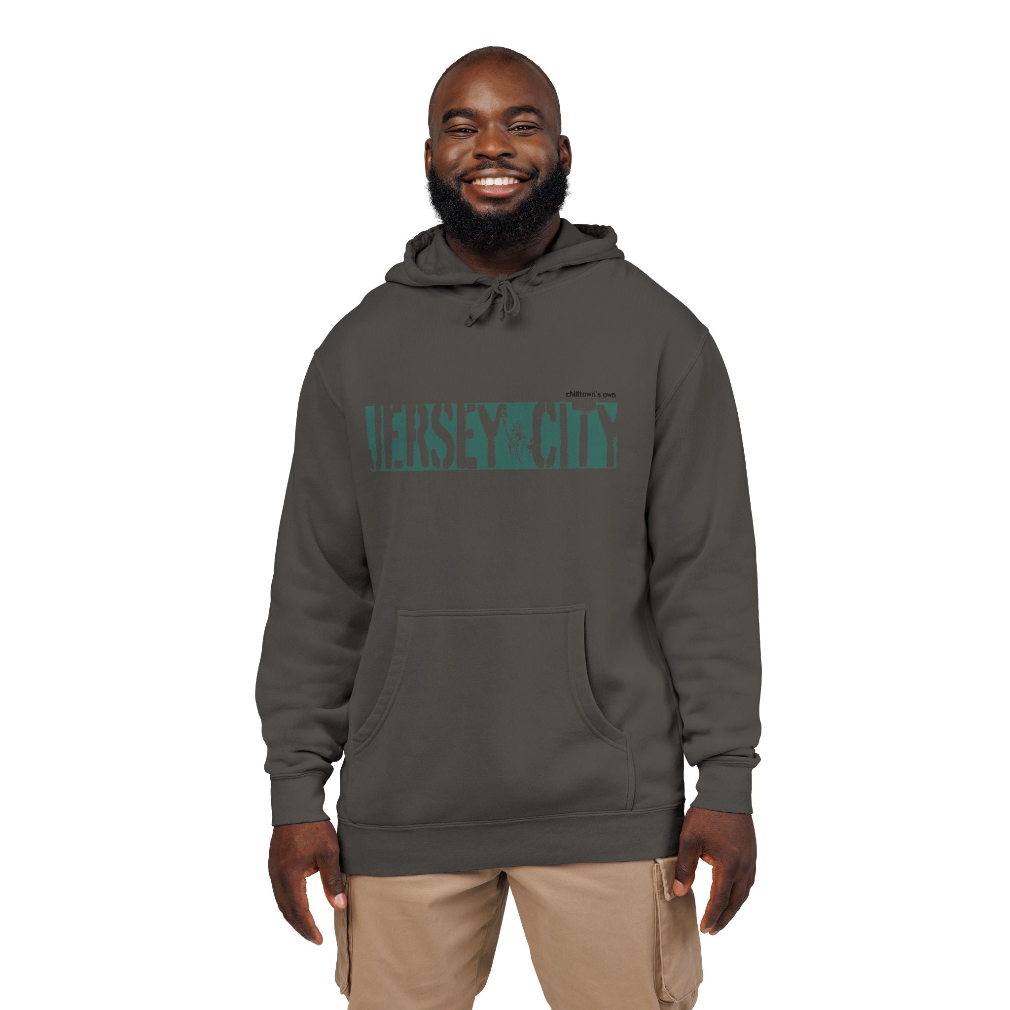 Jersey City Vintage Pigment-Dyed Hoodie — Distressed Green Logo Sweatshirt