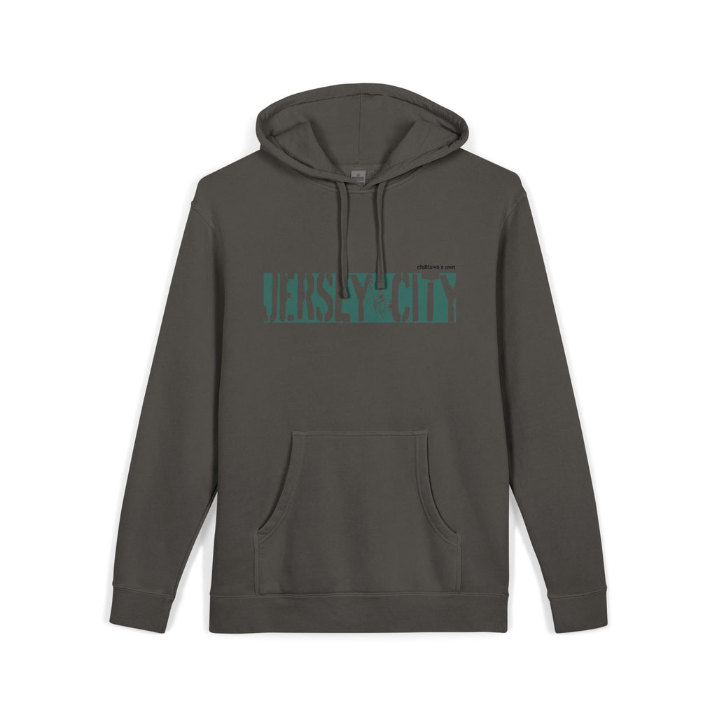Jersey City Vintage Pigment-Dyed Hoodie — Distressed Green Logo Sweatshirt