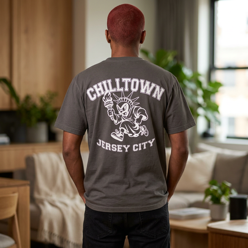 Chilltown Jersey City T‑Shirt — Retro Statue Mascot Graphic Tee