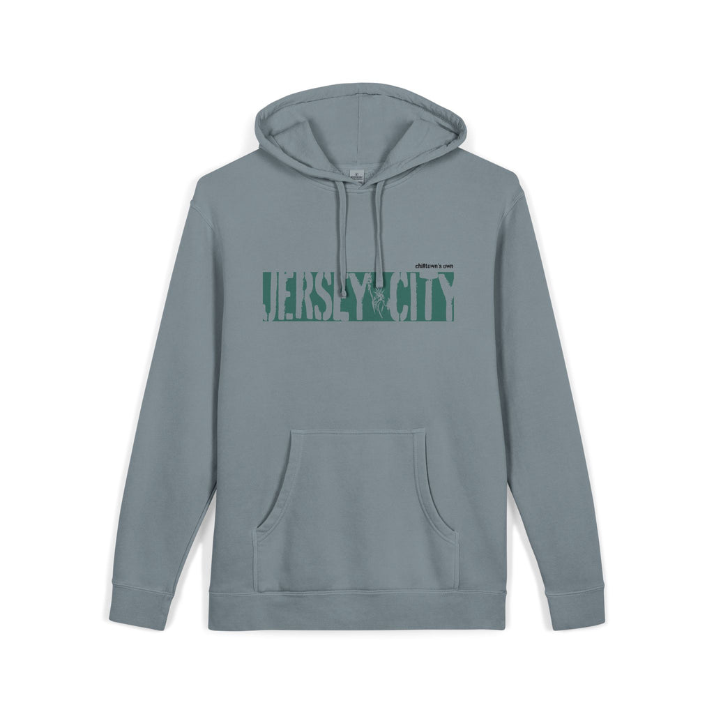 Jersey City Vintage Pigment-Dyed Hoodie — Distressed Green Logo Sweatshirt