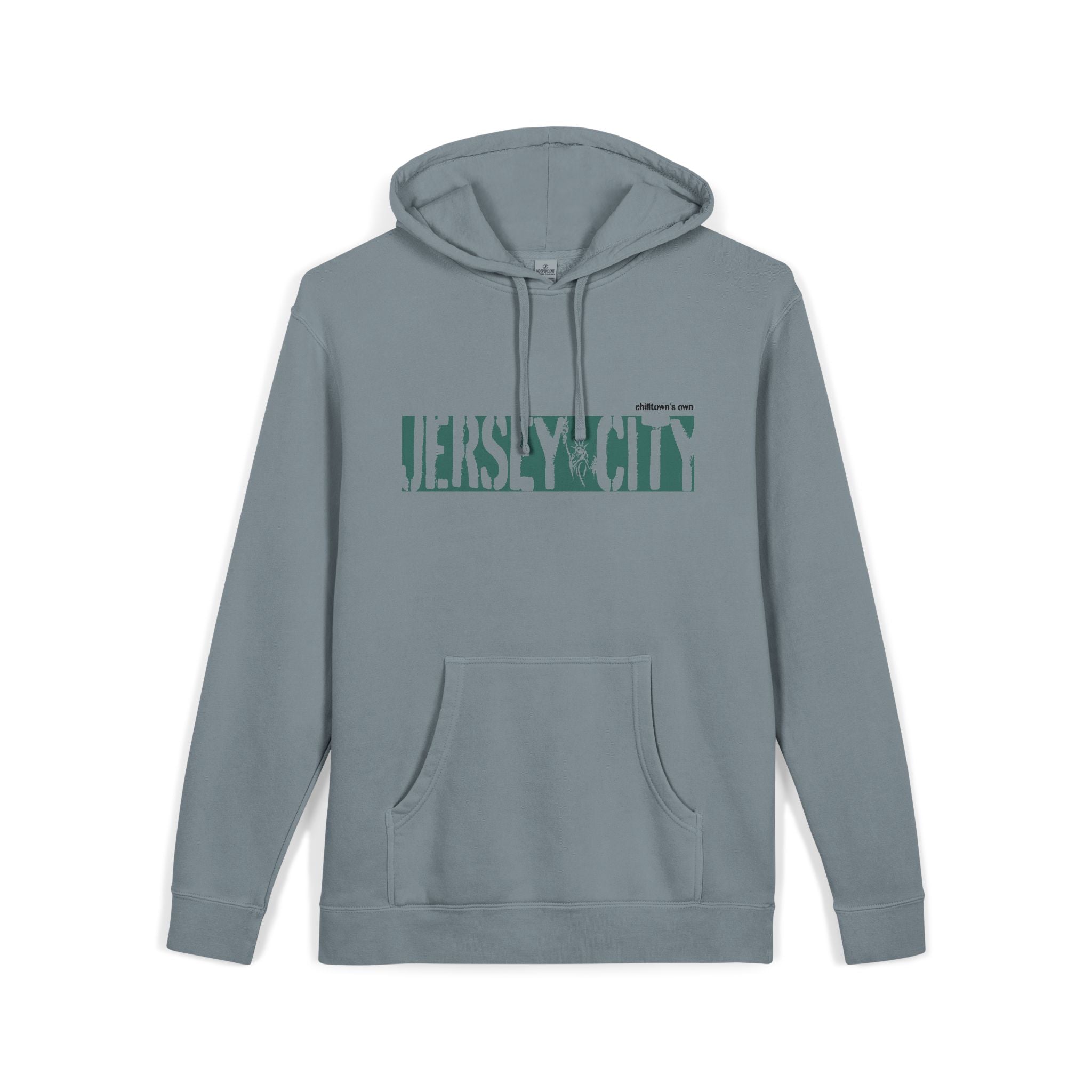 Jersey City Vintage Pigment-Dyed Hoodie — Distressed Green Logo Sweatshirt