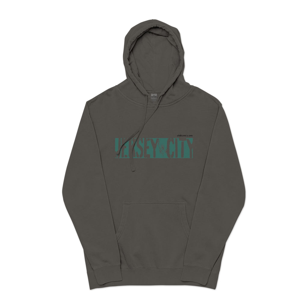 Jersey City Vintage Pigment-Dyed Hoodie — Distressed Green Logo Sweatshirt