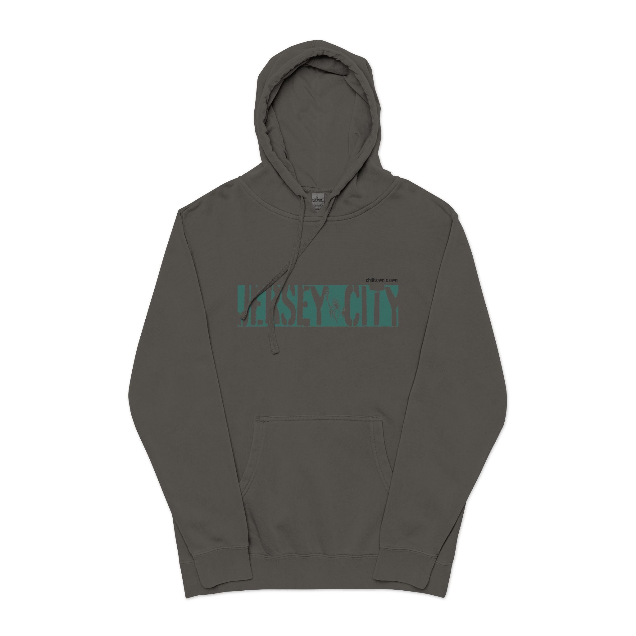 Jersey City Vintage Pigment-Dyed Hoodie — Distressed Green Logo Sweatshirt